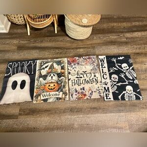 Lot of 4 Halloween-themed Mini Garden Flags Made of Burlap 12x18